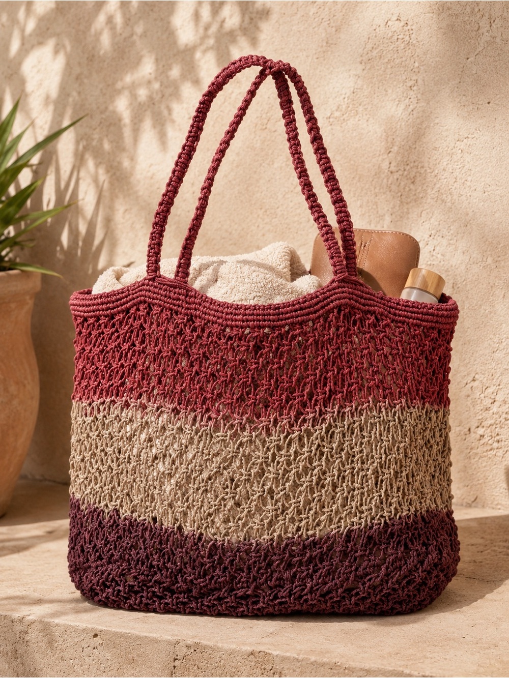Free‎ People Handwoven Jute Crochet Open Weave Striped Tote Mauve Tan & Plum